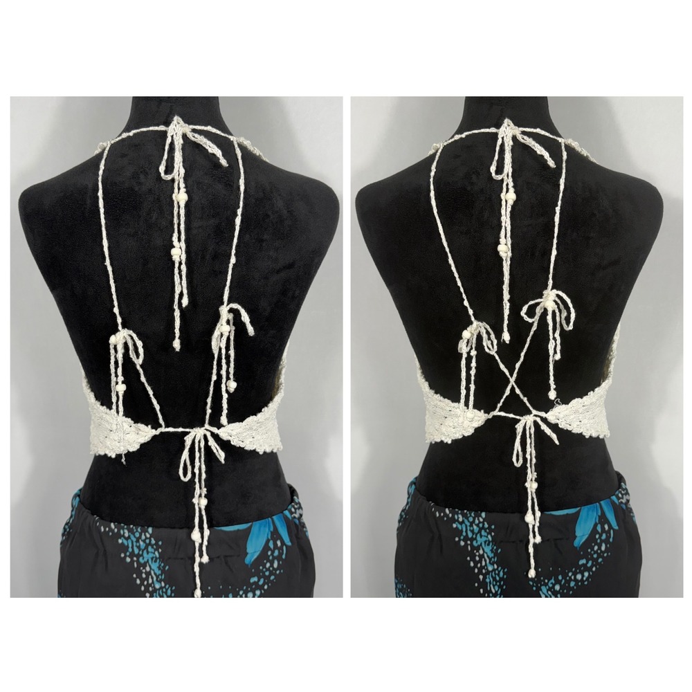 Vtg 90s Y2K EXPRESS Crochet Halter Top Med White Knit Beaded Tie Back Fairy Boho - Picture 5 of 8